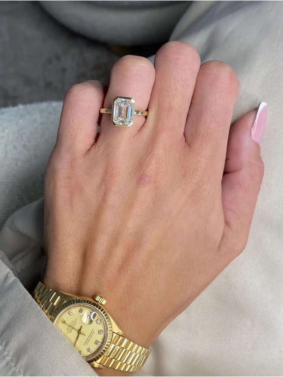 Emerald Cut Bezel Engagement Ring, 10K Yellow Gold Vermeil Solitaire Ring, Modern Minimalist Anniversary Promise Ring