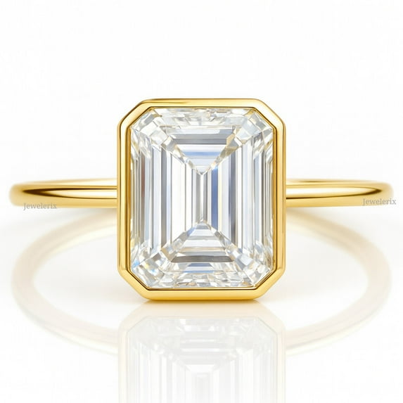 Jewelerix Emerald Cut CZ Solitaire Ring Elegant 10K Yellow Gold Plated Ring Bezel Set Engagement Ring, Minimalist Jewelry for Women