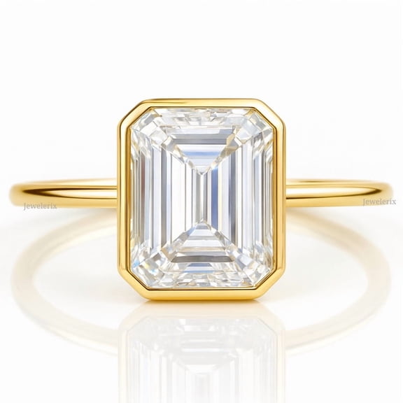 Jewelerix Emerald Cut CZ Solitaire Ring Elegant 10K Yellow Gold Plated Ring Bezel Set Engagement Ring, Minimalist Jewelry for Women