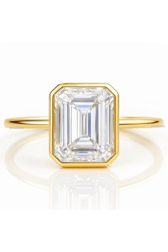 Emerald Cut CZ Solitaire Ring Elegant 10K Yellow Gold Plated Ring Bezel Set Engagement Ring, Minimalist Jewelry for Women