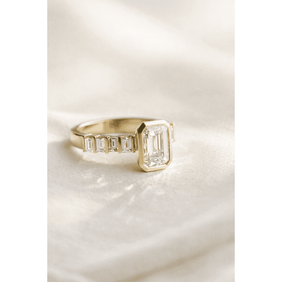 Jewelerix Emerald Cut Diamond Engagement Ring in 14K Vermeil Yellow Gold Bezel Setting with Side Stones, Wedding Proposal Ring