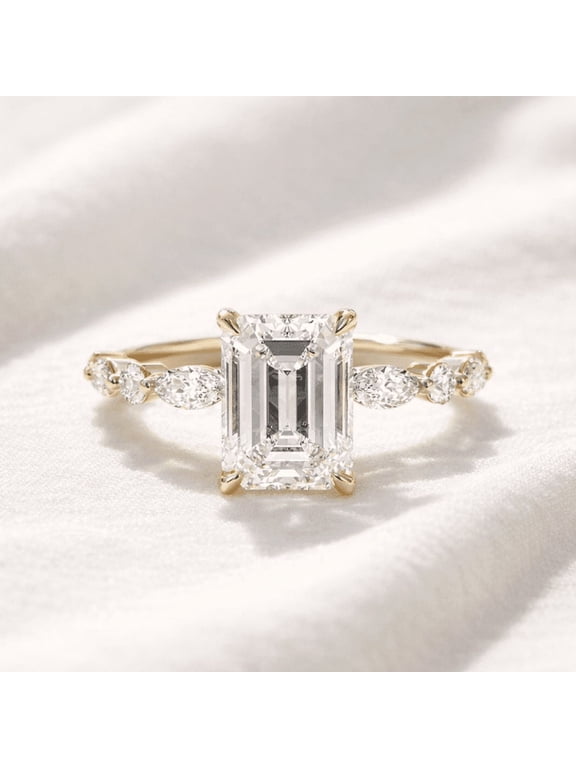 Emerald Cut Diamond Engagement Ring in Vermeil 10K Yellow Gold with Marquise Side Stones, Solitaire Bridal Ring, Promise Ring