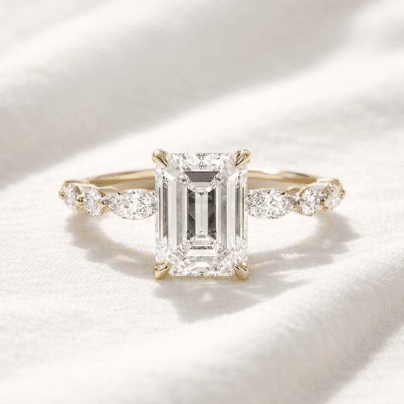 Jewelerix Emerald Cut Diamond Engagement Ring in Vermeil 10K Yellow Gold with Marquise Side Stones, Solitaire Bridal Ring, Promise Ring