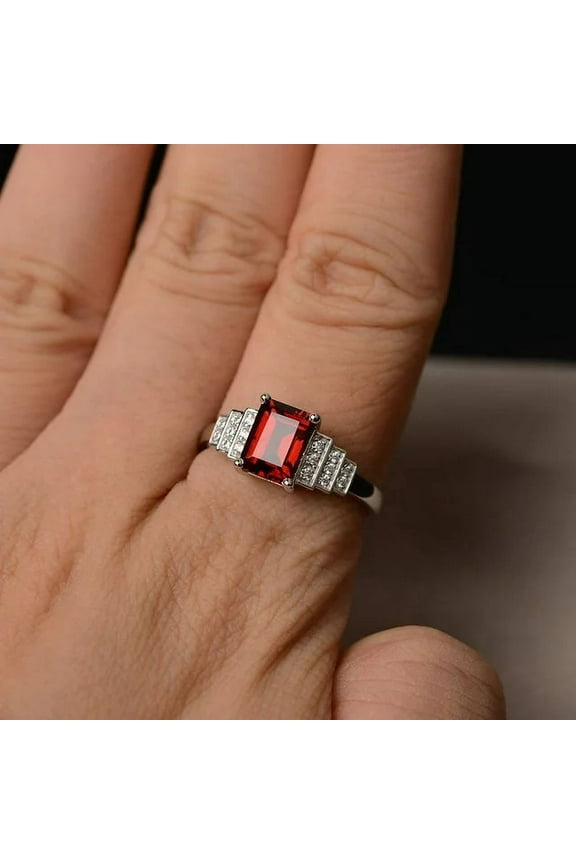 Emerald Cut Gemstone Red Garnet Ring Cocktail Ring Sterling Silver Ring Anniversary Gift for Women