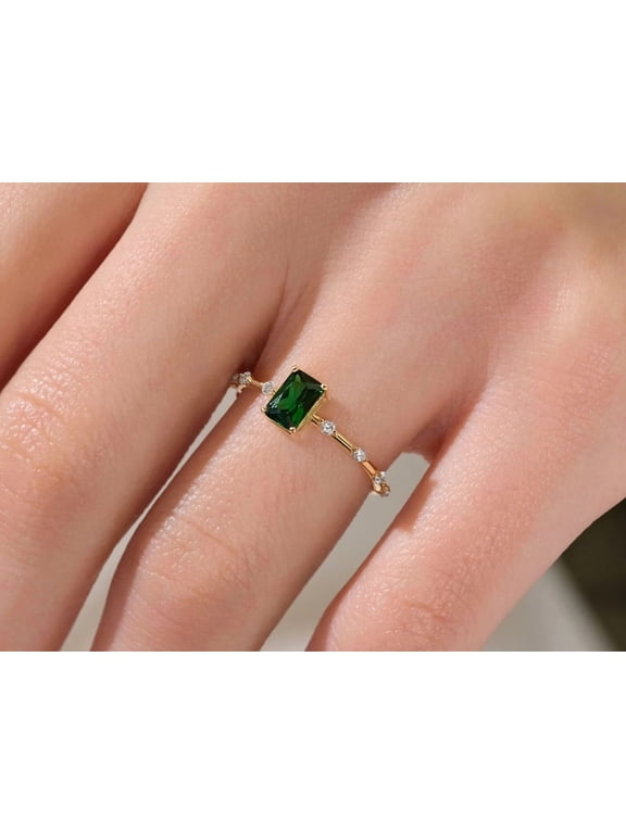 Emerald Cut Green Gemstone Ring for Women 14K Gold Vermeil Ring Dainty Solitaire Band with Accent Stones, Minimalist Birthday Gift Ring