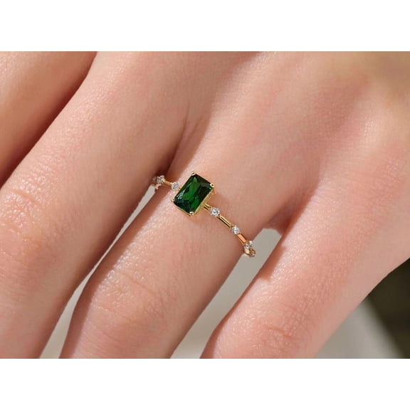 Jewelerix Emerald Cut Green Gemstone Ring for Women 14K Gold Vermeil Ring Dainty Solitaire Band with Accent Stones, Minimalist Birthday Gift Ring