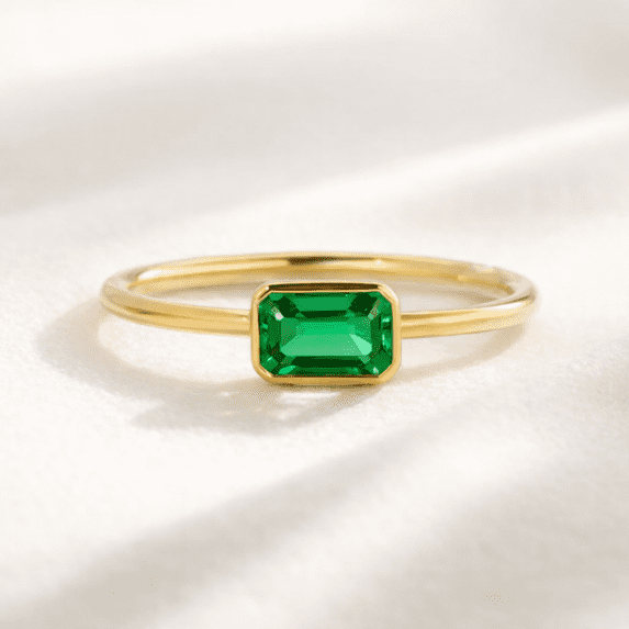 Jewelerix Emerald Cut Green Gemstone Solitaire Ring in Yellow Gold, Minimalist Stackable Promise Ring for Women, May Birthstone