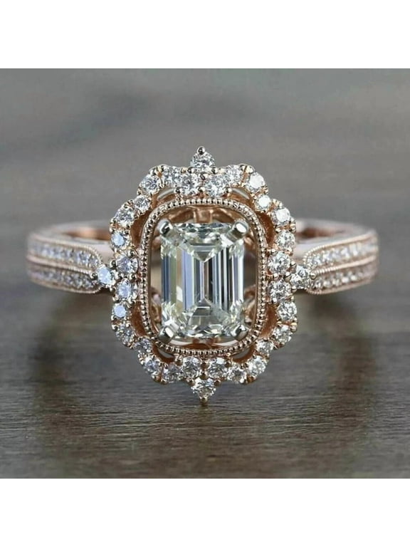 Emerald Cut Halo Engagement Ring for Women Plated Rose Gold Finish Vintage Style Simulated Diamond Ring with Pavé Band