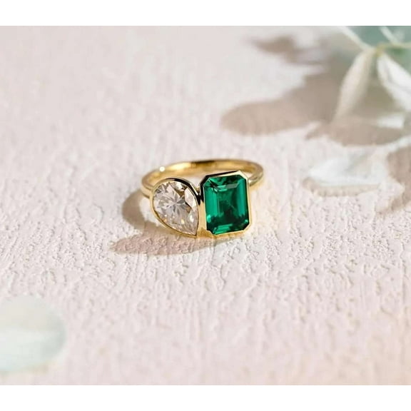 Jewelerix Emerald Cut Moissanite Diamond Engagement Ring Pear Cut Toi Et Moi 2 CT Comfort Fit Mother's Day Surprise Gift