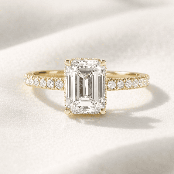 Jewelerix Emerald Cut Moissanite Engagement Ring, 14K Vermeil Yellow Gold Pave Band, Hidden Halo and Side Stones, Anniversary Gift