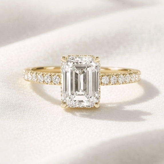 Jewelerix Emerald Cut Moissanite Engagement Ring, 14K Vermeil Yellow Gold Pave Band, Hidden Halo and Side Stones, Anniversary Gift