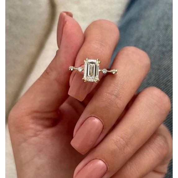 Jewelerix Emerald Cut Moissanite Engagement Ring Solitaire Ring with Side Stones 14K Vermeil Yellow Gold Minimalist Proposal Ring for Women