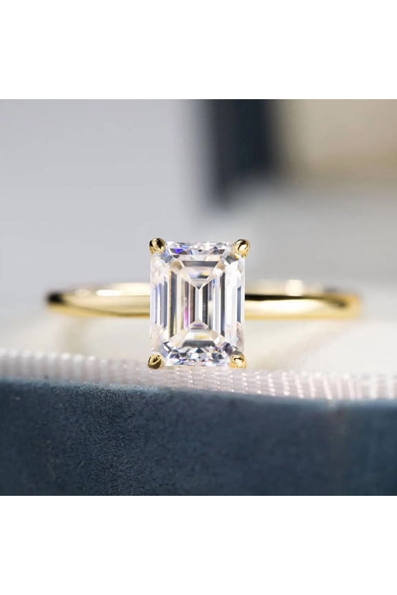 Emerald Cut Moissanite Engagement Ring for Women, 10K Yellow Gold Vermeil Ring ,Classic Solitaire Promise Ring, Minimalist Best Bridal Jewelry