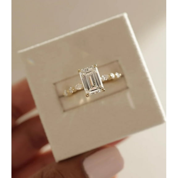 Jewelerix Emerald Cut Moissanite Engagement Ring for Women 14K Yellow Gold Vermeil Ring, Unique Side-Stone Design, Sparkling Bridal Wedding Promise Ring