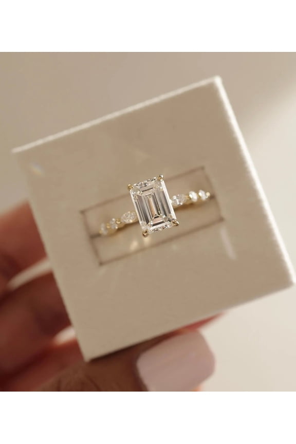 Emerald Cut Moissanite Engagement Ring for Women 14K Yellow Gold Vermeil Ring, Unique Side-Stone Design, Sparkling Bridal Wedding Promise Ring
