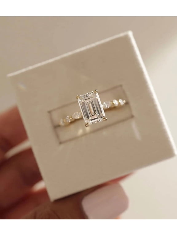 Emerald Cut Moissanite Engagement Ring for Women 14K Yellow Gold Vermeil Ring, Unique Side-Stone Design, Sparkling Bridal Wedding Promise Ring