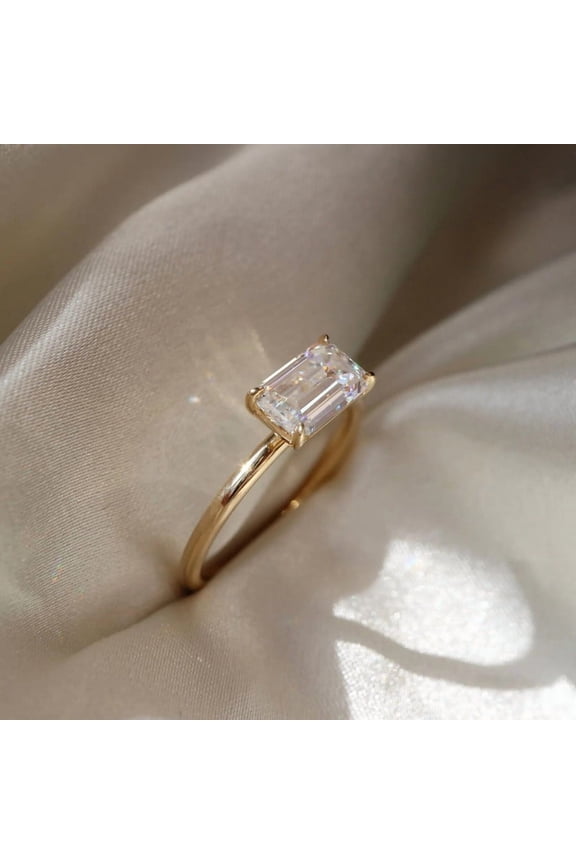 Emerald Cut Moissanite Engagement Ring for Women, 1 Carat Solitaire Ring, 14K Yellow Gold Vermeil Ring, Christmas Gift, Promise Ring