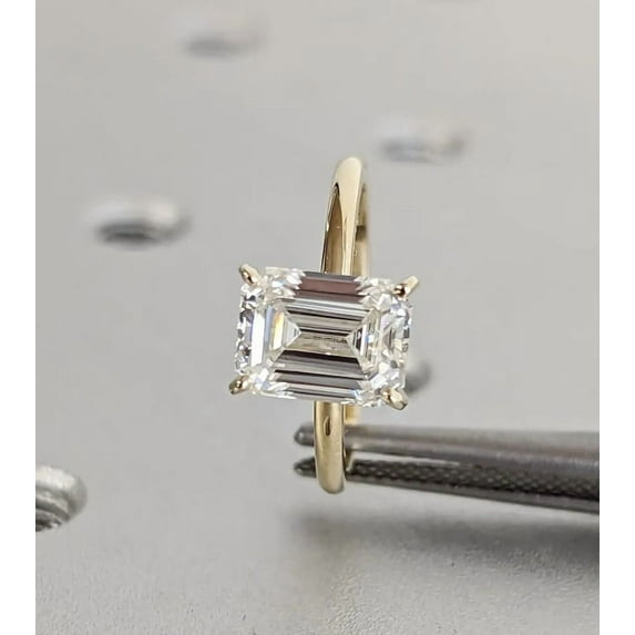Jewelerix Emerald Cut Moissanite Engagement Ring for Women Vermeil 14K Yellow Gold Ring 4 Prong Solitaire Promise Ring Classic Minimalist Bridal Ring
