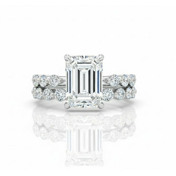 Jewelerix Emerald Cut Moissanite Engagement Ring in White Gold Vermeil with Round Side Stones, Bridal Promise Ring, 2-Piece Ring Set
