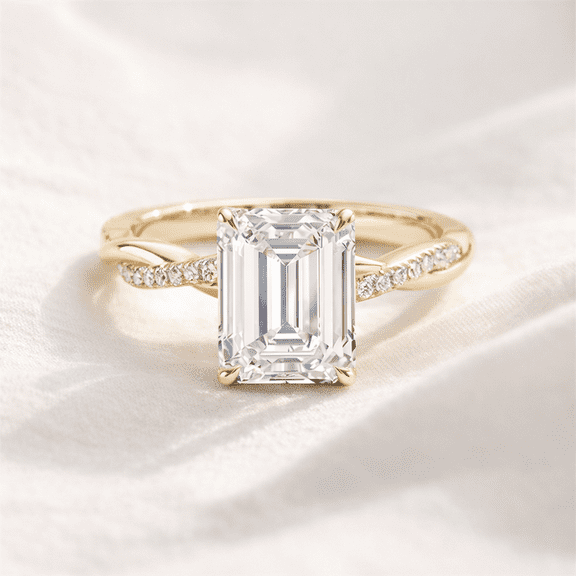 Jewelerix Emerald Cut Moissanite Engagement Ring with Pavé Band in 14K Yellow Gold Vermeil, Wedding Proposal Ring