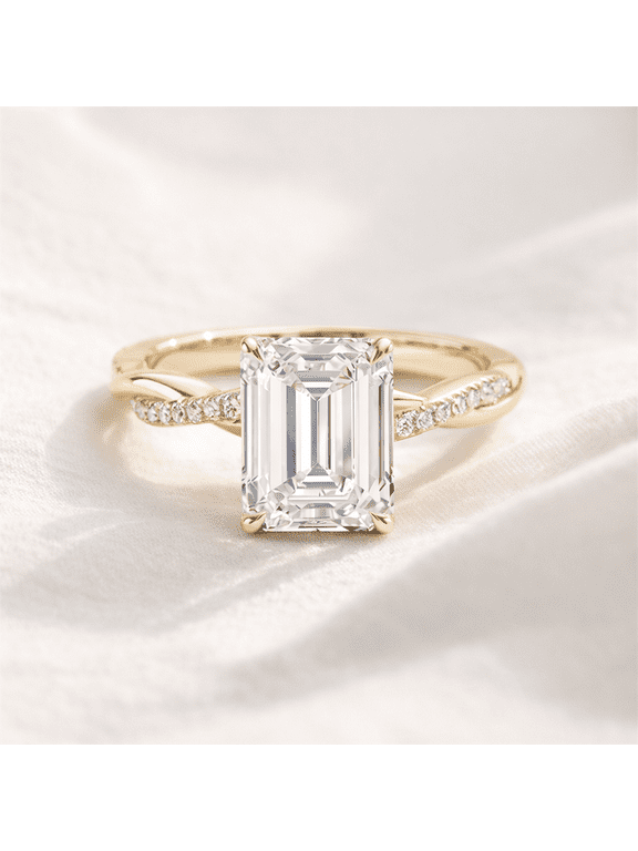 Emerald Cut Moissanite Engagement Ring with Pavé Band in 14K Yellow Gold Vermeil, Wedding Proposal Ring