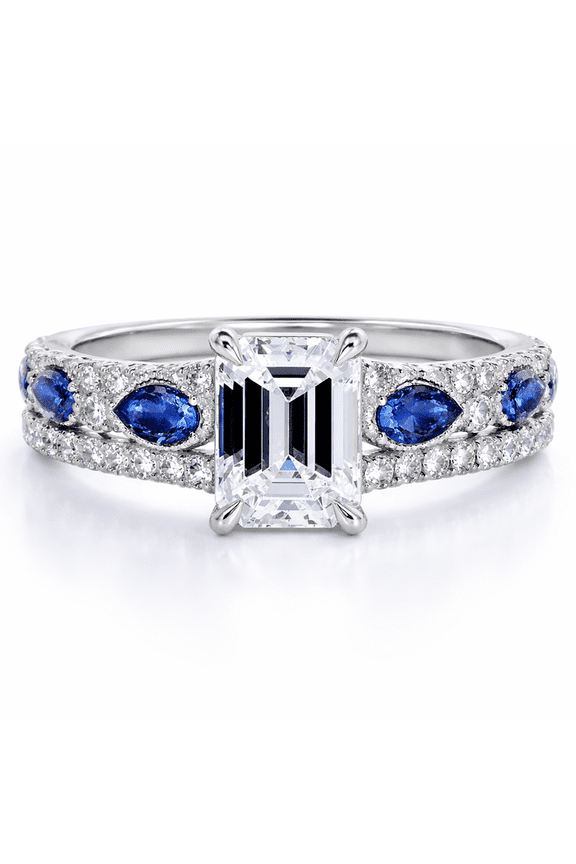 Emerald Cut Moissanite Ring with Blue Sapphire Pear & Marquise Side Stones,Vermeil White Gold Ring for Women, Diamond Pave Band