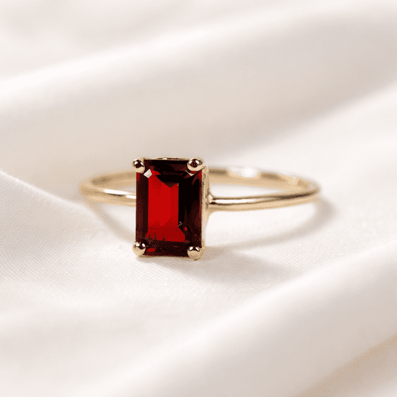 Jewelerix Emerald Cut Red Solitaire Ring in 10K Yellow Gold Vermeil, Minimalist Gemstone Engagement Promise Ring, Promise Ring