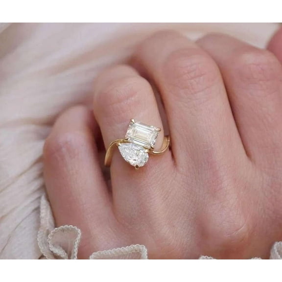 Jewelerix Emerald Cut Ring 2 CT Moissanite Two Dimond Engagement Ring Plated Yellow Gold Proposal Wedding Ring for Her