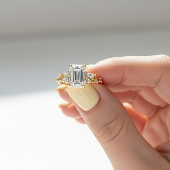 Jewelerix Emerald Cut Solitaire Anniversary Ring for Women Marquise Side Stones Moissanite Ring Classic 14K Yellow Gold Vermeil Ring Engagement Bridal Ring