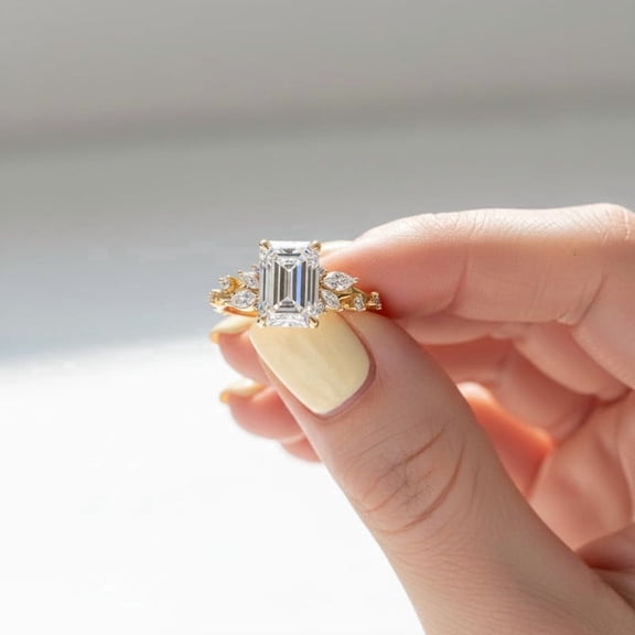 Jewelerix Emerald Cut Solitaire Anniversary Ring for Women Marquise Side Stones Moissanite Ring Classic 14K Yellow Gold Vermeil Ring Engagement Bridal Ring