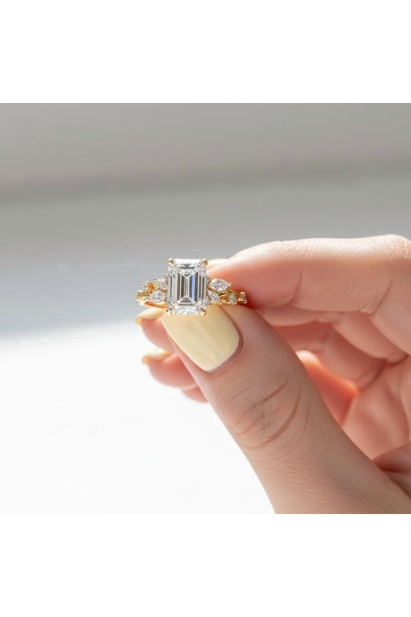 Emerald Cut Solitaire Anniversary Ring for Women Marquise Side Stones Moissanite Ring Classic 14K Yellow Gold Vermeil Ring Engagement Bridal Ring