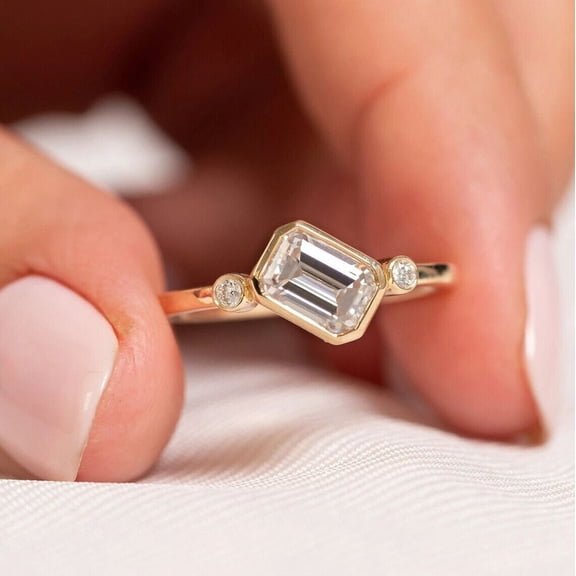 Jewelerix Emerald Cut Solitaire Ring, Moissanite 14K Vermeil Gold Ring Bezel Dainty Minimalist Wedding Proposal Ring