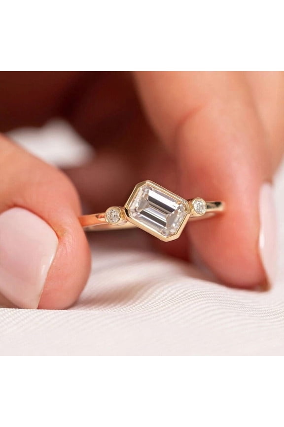 Emerald Cut Solitaire Ring, Moissanite 14K Vermeil Gold Ring Bezel Dainty Minimalist Wedding Proposal Ring