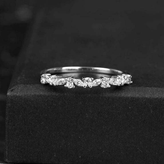 Jewelerix Half Eternity Marquise Cut Ring 10K White Gold Round Moissanite Diamond Ring 1.30 CT Comfort Fit Engagement Ring