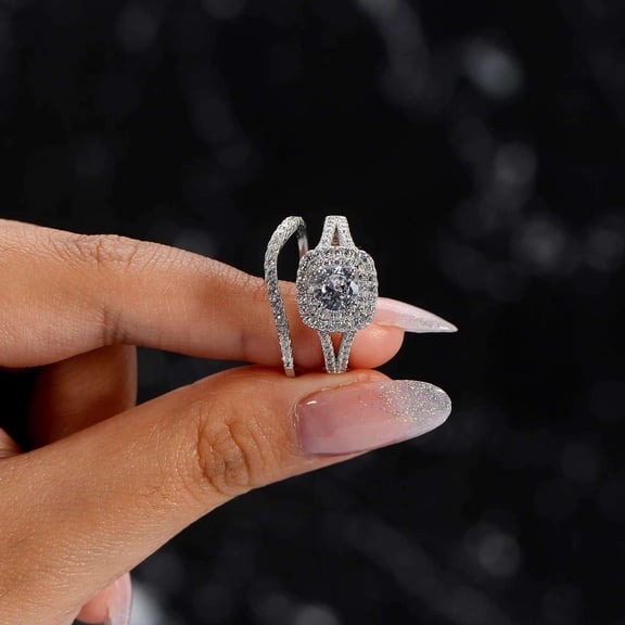 Jewelerix Halo Double Round Cut Engagement Ring 925 Sterling Silver Split Shank Statement Ring Lovely Valentine's Day Gift for Her