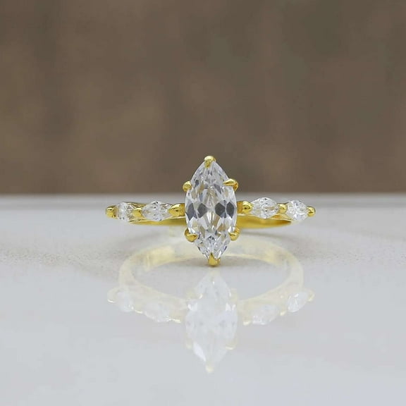 Jewelerix Marquise Cut Moissanite Engagement Ring for Women – 14K Yellow Gold Plated Solitaire with Side Stones – Bridal Wedding Jewelry
