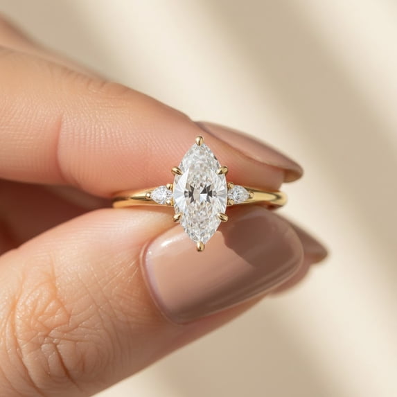 Jewelerix Marquise Cut Moissanite Engagement Ring for Women, Yellow Gold Vermeil Solitaire Ring with Side Stones, Bridal Promise Ring