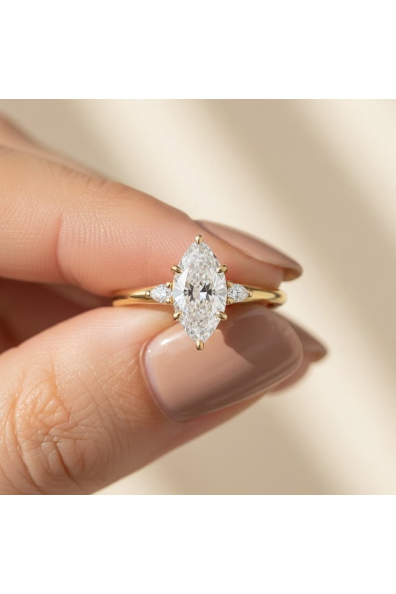 Marquise Cut Moissanite Engagement Ring for Women, Yellow Gold Vermeil Solitaire Ring with Side Stones, Bridal Promise Ring