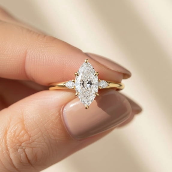 Jewelerix Marquise Cut Moissanite Engagement Ring for Women, Yellow Gold Vermeil Solitaire Ring with Side Stones, Bridal Promise Ring
