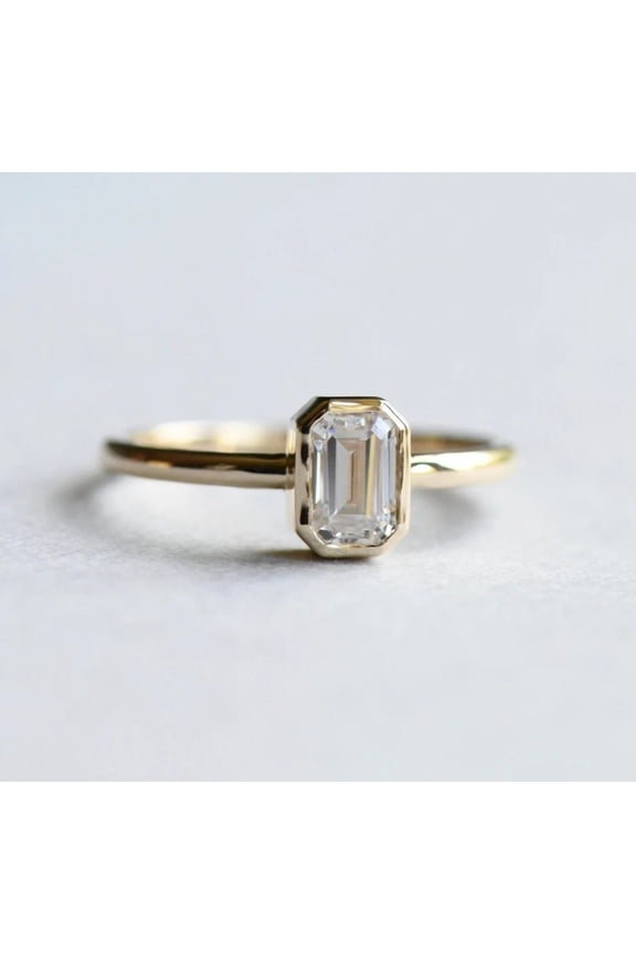 Minimalist 10K Yellow Vermeil Gold Moissanite Diamond Ring, Emerald-Cut Design Bezel Rings, Engagement Proposal Ring, Certified Proposal Ring