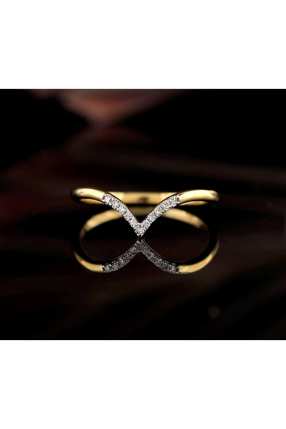 Minimalist Engagement V-Curve Ring in 14K Yellow Gold Plated Chevron with Diamond Accents Moissanite Wedding Ring