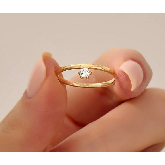 Jewelerix Minimalist Gold Thin Moissanite Ring with Round Cut Stone, 10K Yellow Gold Vermeil, Dainty 6-Prong Engagement Promise Ring for Women