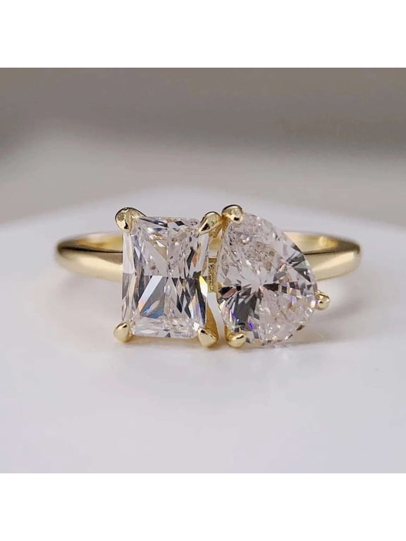 Moissanite Diamond Radiant Cut Ring Toi Et Moi Proposal 2 CT Engagement Ring 14K Yellow/Rose Gold Ring