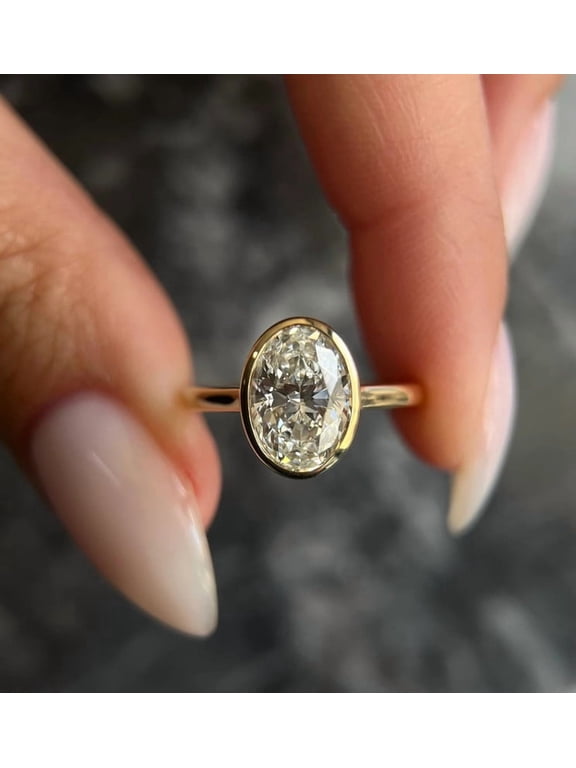 Oval Cut Bezel Set Engagement Ring 14K Yellow Gold Plated Solitaire Moissanite Ring Modern Minimalist Diamond Ring Sleek Bridal Ring