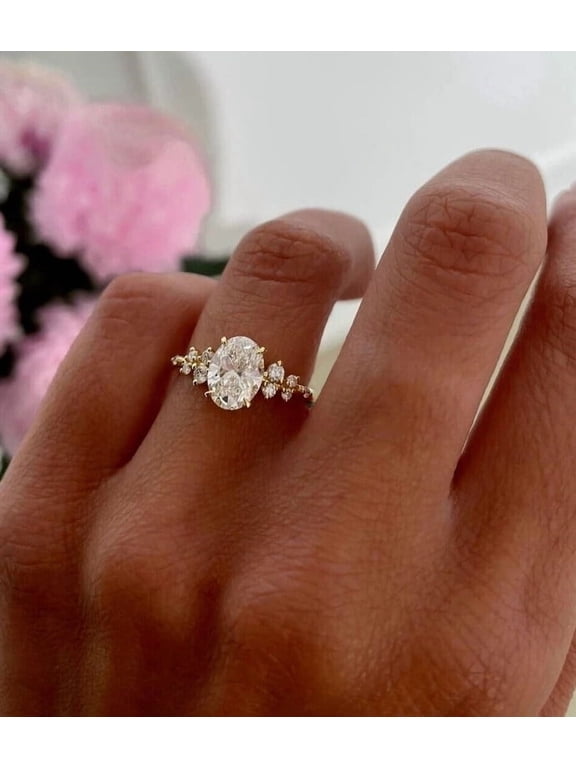 Oval Cut Diamond Engagement Ring Vermeil 14K Gold Cluster Side Stones, Elegant Bridal Jewelry Gift for Women, Perfect for Proposal Ring