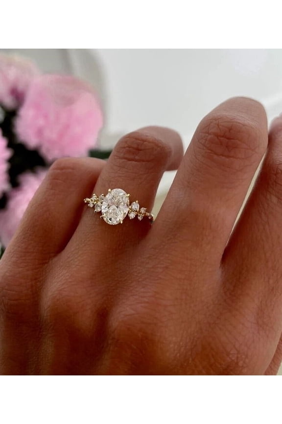 Oval Cut Diamond Engagement Ring Vermeil 14K Gold Cluster Side Stones, Elegant Bridal Jewelry Gift for Women, Perfect for Proposal Ring