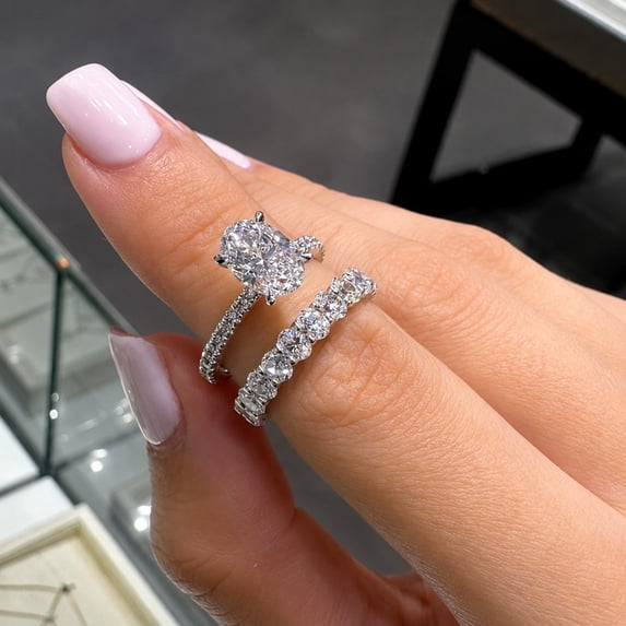 Jewelerix Oval Cut Engagement Ring Set 2 Piece, 10K White Gold Vermeil Wedding Ring Set, Oval Solitaire Promise Ring with Eternity Band for Women