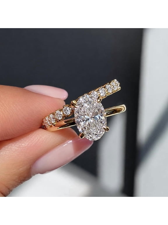 Oval Cut Engagement Ring Set for Women 2 Piece Bridal Ring Set with Pave Band 10K Vermeil Yellow Gold Wedding Ring Set