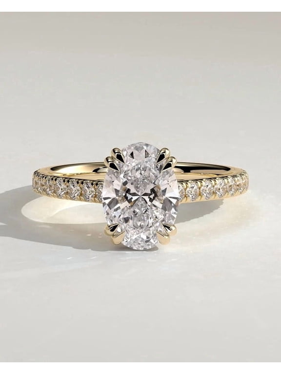 Oval Cut Moissanite Engagement Ring 10K Vermeil Yellow Gold, Hidden Halo & Pave Band, Classic Solitaire Bridal Ring for Women