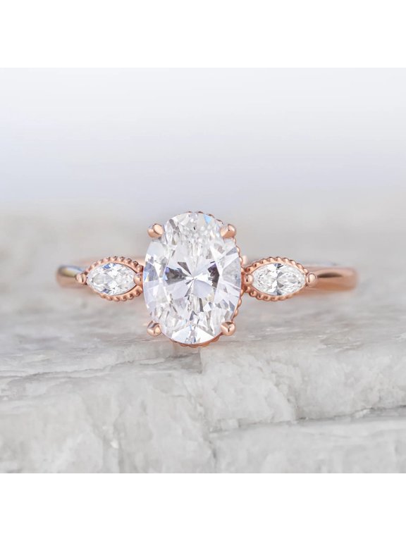 Oval Cut Moissanite Engagement Ring Solid 14K Yellow Gold with Marquise Side Stones Ring, Vintage Inspired Solitaire Ring for Women